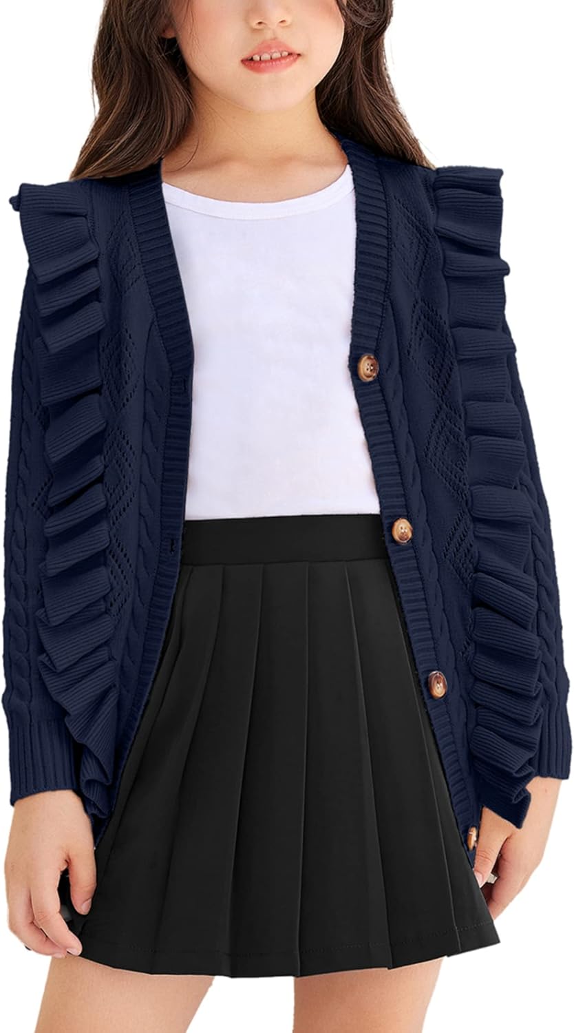 Arshiner Girls Cardigan Sweaters Ruffle School Uniform Sweater V Neck Button Front Outerwear 4-13 Years